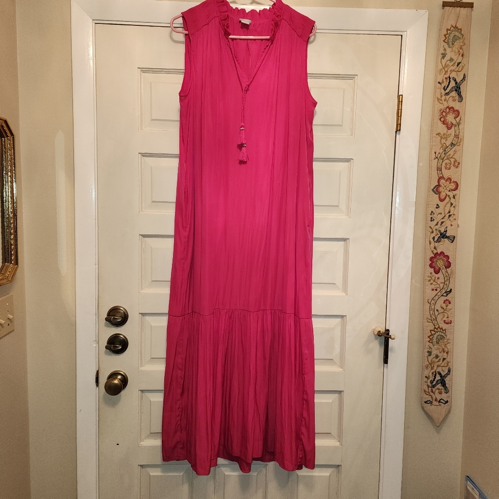 CHICOS Maxi Dress Size 2 Sleeveless Fuscia Pink Tie Neck 2 Side Hidden Pockets